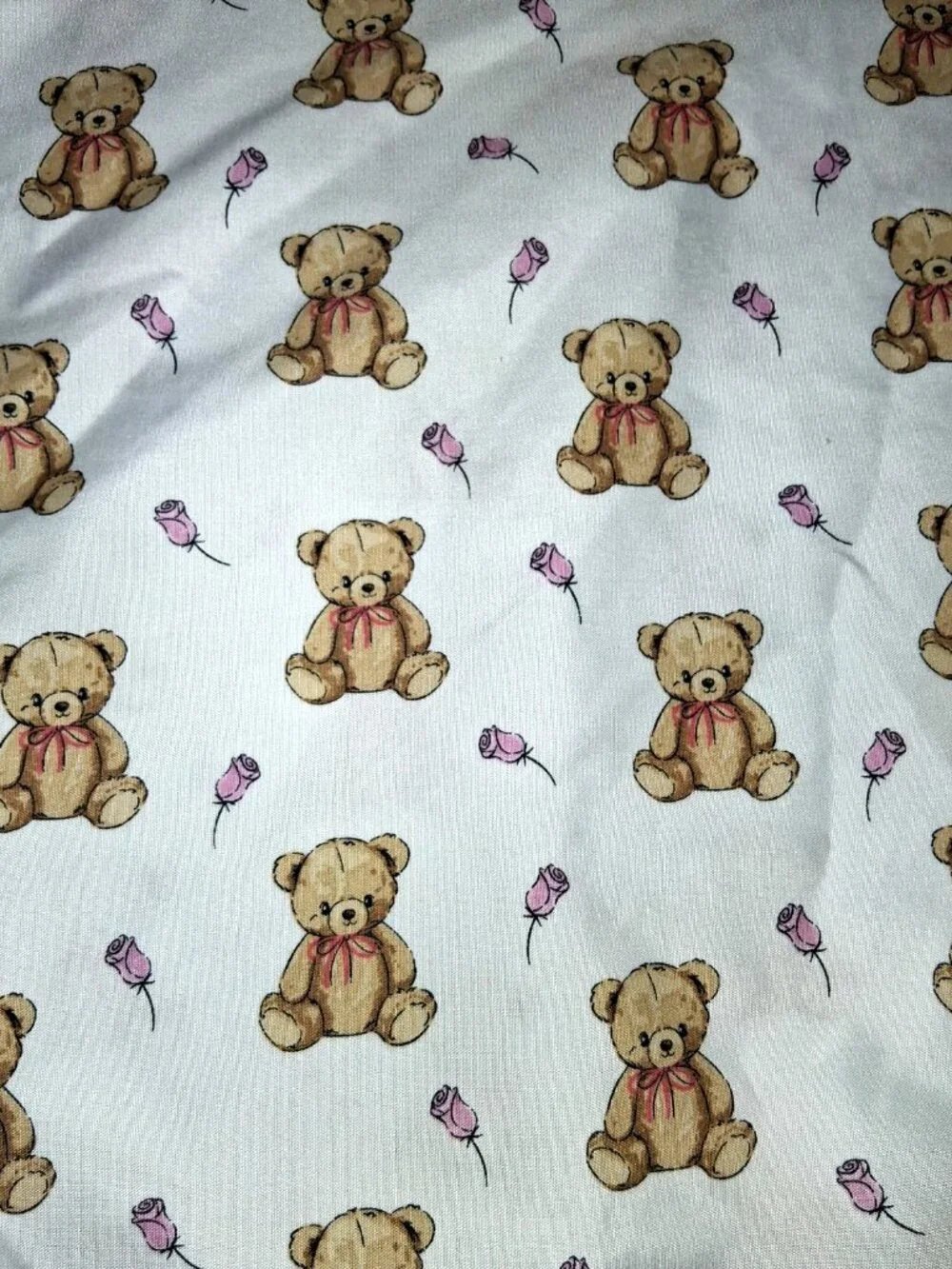Teddy Bears and Pink Roses Floral Print White 1 Single Standard Pillowcase Sham